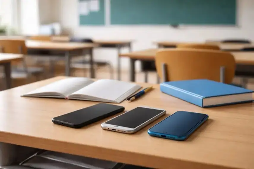 Ausgeschaltete Smartphones und Schulmaterial liegen auf Tischen in einem Klassenraum in Sachsen-Anhalt.