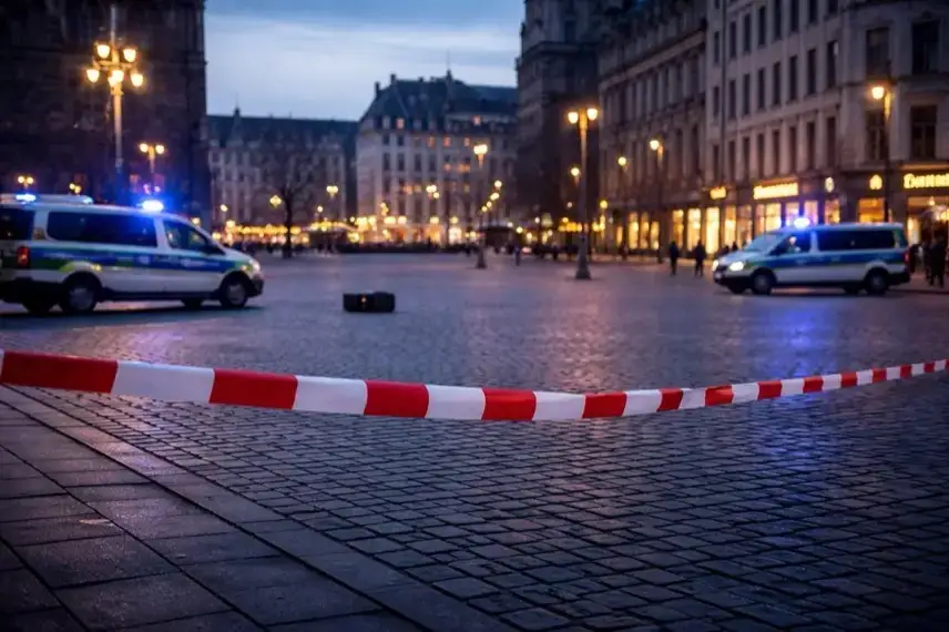 Abgesperrter Marktplatz in Halle mit Polizeifahrzeugen und Absperrbändern am Abend während eines Einsatzes wegen herrenlosem Koffer