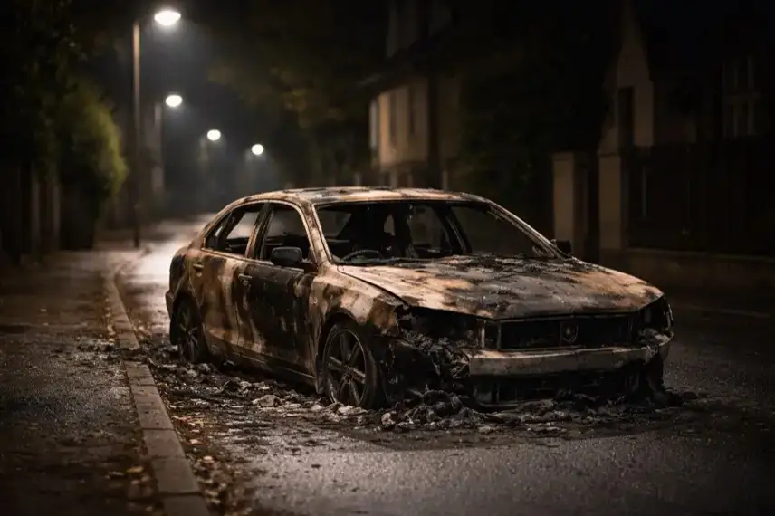 Ausgebranntes Auto in einer nächtlichen Wohnstraße in Quedlinburg nach Fahrzeugbrand im Harz