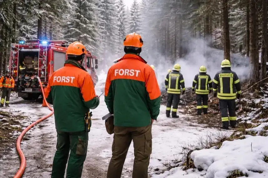 Förster und Feuerwehrleute stehen im verschneiten Harzer Wald neben einem Feuerwehrfahrzeug während eines Einsatzes
