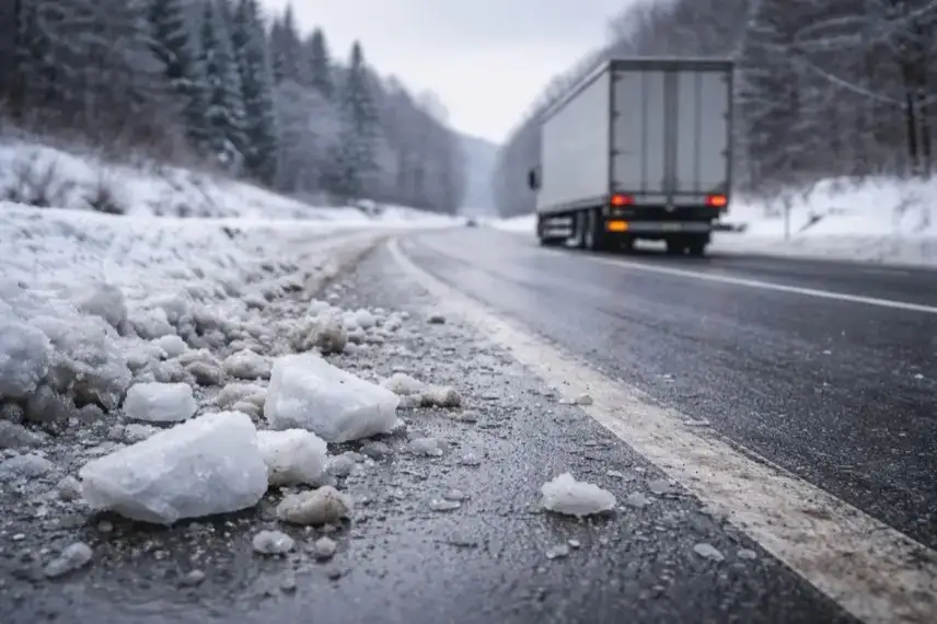 Winterliche Bundesstraße mit Lastwagen im Harz, Schneeränder und Eisreste auf der Fahrbahn bei kalten Witterungsbedingungen.