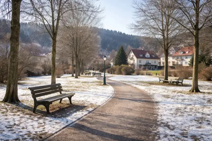 Öffentliche Grünfläche mit Bäumen und Parkwegen im Ortskern von Elbingerode im Harz, umgeben von Wohnhäusern
