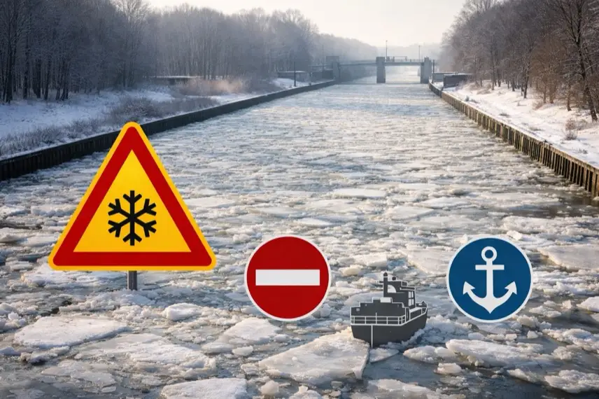 Eisbedeckte Binnenwasserstraße bei Magdeburg mit festliegendem Frachtschiff und Schleusen im Winter, Schiffsverkehr durch Eis blockiert.