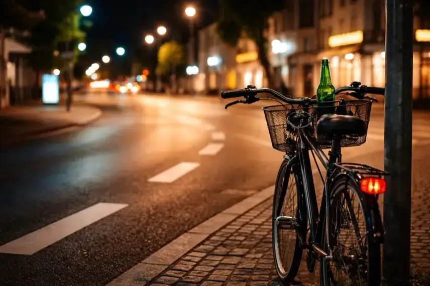 Abgestelltes Fahrrad an einer beleuchteten Straße bei Nacht, Straßenlaternen und Fahrbahn im Hintergrund, urbaner Verkehrsraum
