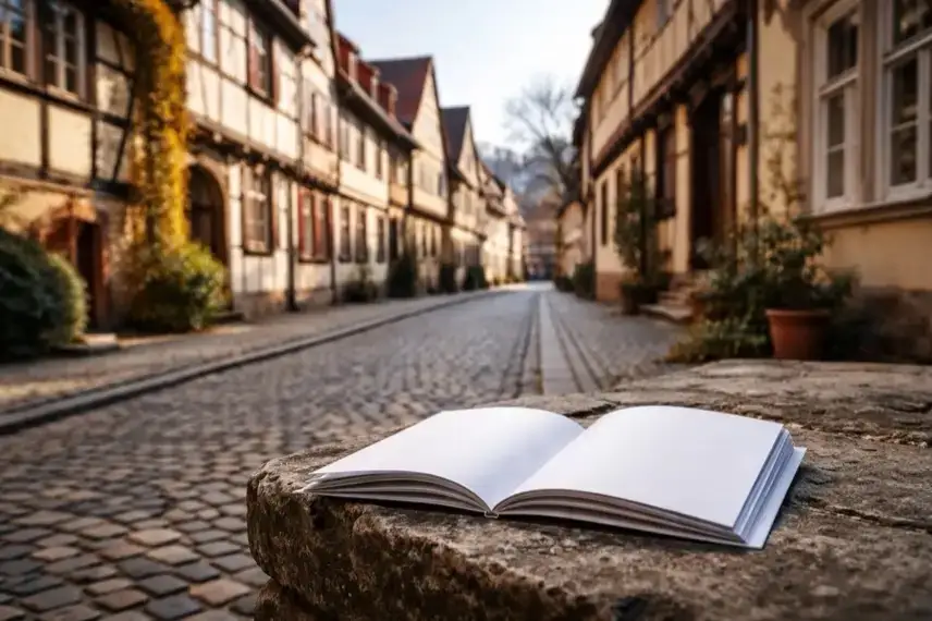Altstadtgasse in Quedlinburg mit Fachwerkhäusern und einer neutralen Broschüre im Vordergrund bei Tageslicht