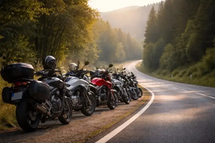 Mehrere Motorräder stehen am Straßenrand im Harz, dahinter bewaldete Hügel und eine kurvige Landstraße bei Tageslicht.