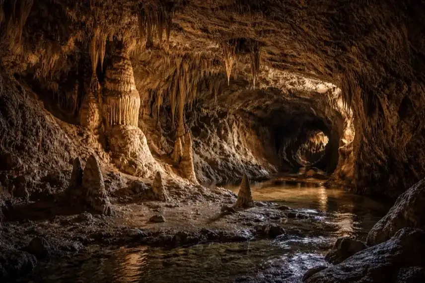 Beleuchteter Höhlenraum mit Tropfsteinformationen und Felswänden in der Iberger Tropfsteinhöhle bei Bad Grund
