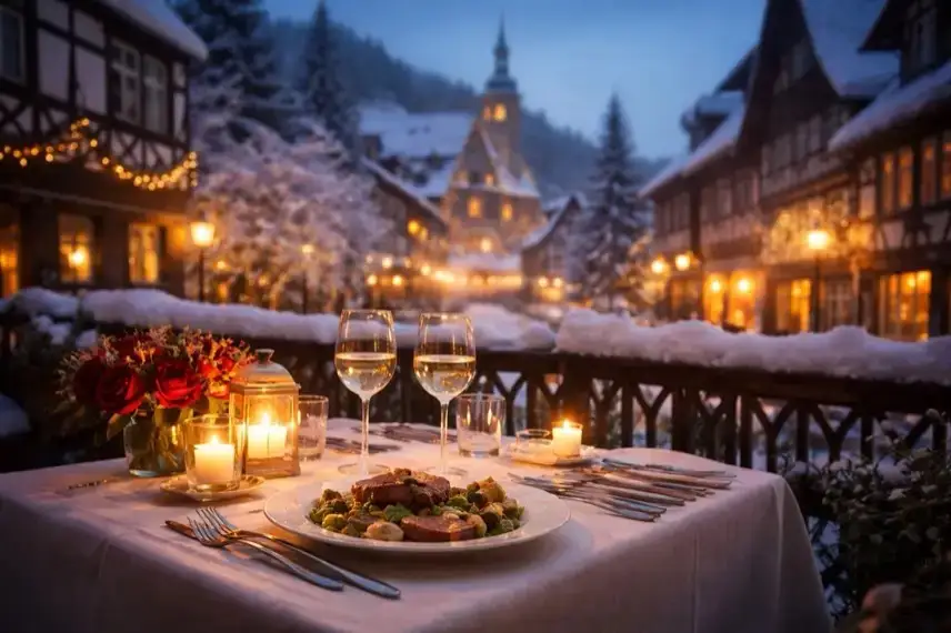 Festlich gedeckter Tisch bei Kerzenschein in winterlicher Harz-Altstadt am Valentinstag
