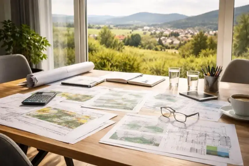 Projektunterlagen auf Tisch vor Harz-Landschaft, Symbol für Leader-Projektwettbewerb und EU-Fördermittel im ländlichen Raum
