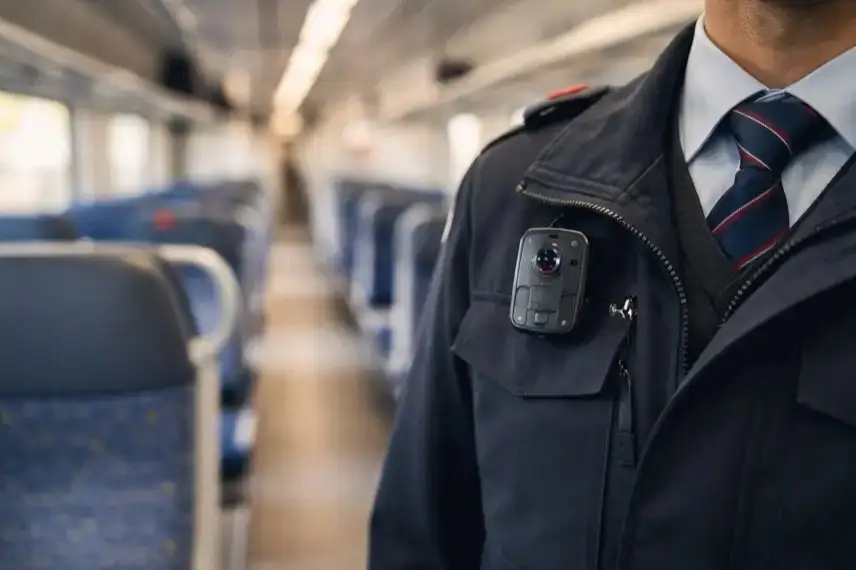 Symbolbild: Ein Zugbegleiter mit Bodycam im Regionalzug. Die neuen Sicherheitsregeln der DB sehen technische Schutzmaßnahmen und mehr Sicherheitspersonal im Bahnverkehr vor – auch im Harz.