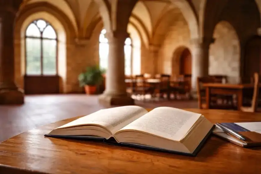 Aufgeschlagenes Buch im Gartensaal des Klosters Ilsenburg mit romanischer Architektur im Hintergrund