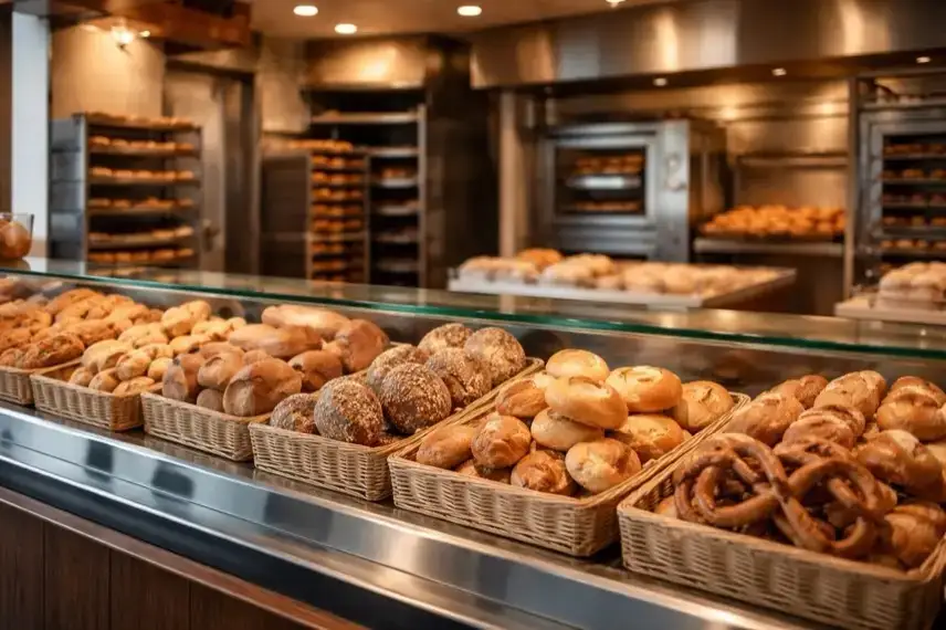 Verkaufstheke einer Bäckerei in Sachsen-Anhalt mit Broten und Brötchen in einer Filiale