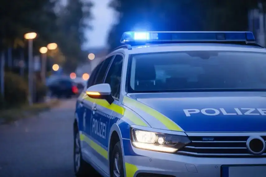 Polizeiauto mit eingeschaltetem Blaulicht am Straßenrand bei Dämmerung in Bad Harzburg