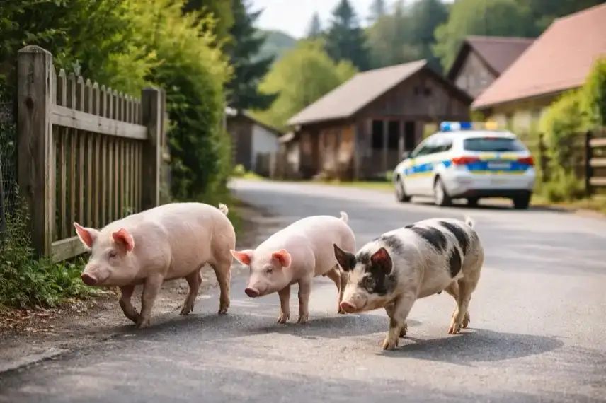 Drei Schweine auf Straße in Wohngebiet im Harz nahe Stall und Polizeifahrzeug