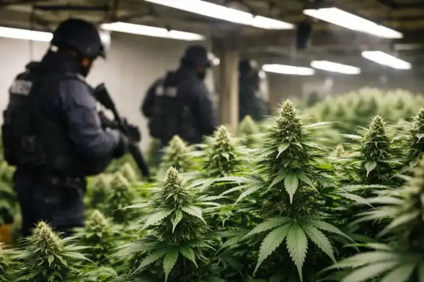 Reihen von Cannabispflanzen in einem Innenraum mit Pflanzenlampen und Lüftungstechnik.