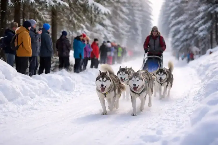 Schlittenhunde ziehen ein Gespann über eine verschneite Strecke im Oberharz, Zuschauer stehen am Rand eines winterlichen Waldes