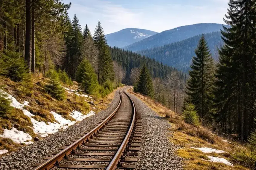 Schmalspurbahn-Gleise verlaufen durch eine bewaldete Harzlandschaft mit Hügeln und Bergen im Hintergrund