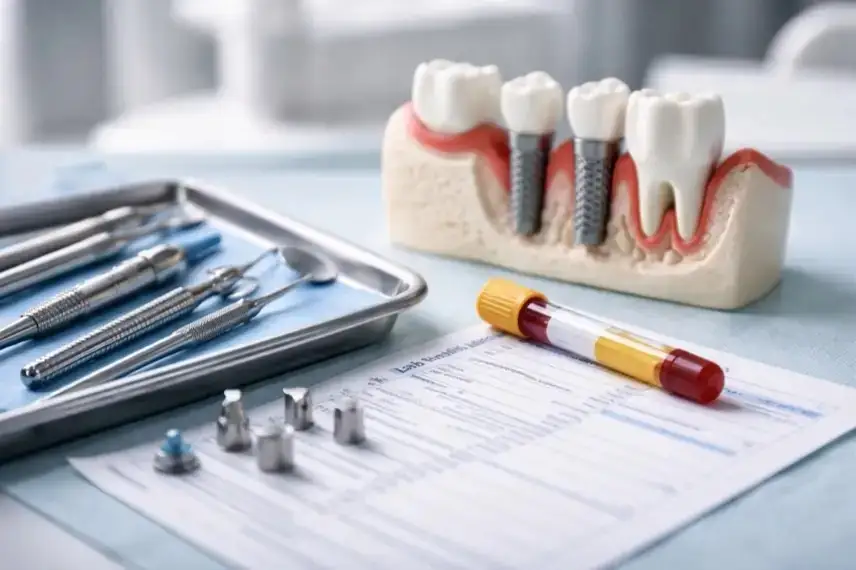 Zahnimplantat-Modell, OP-Instrumente und Laborprobe zu Vitamin D in Zahnarztpraxis im Harz