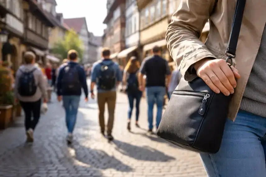 Belebte Fußgängerzone im Harz mit Touristen und gesicherter Handtasche in Menschenmenge