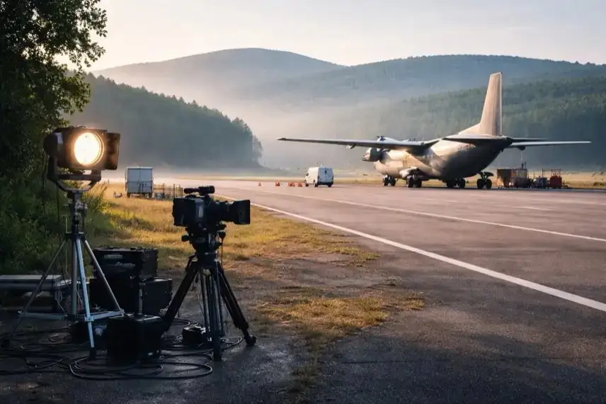 Flugplatz im Harz mit Startbahn und Transportflugzeug bei Dreharbeiten zum Film Cool Down in Ballenstedt