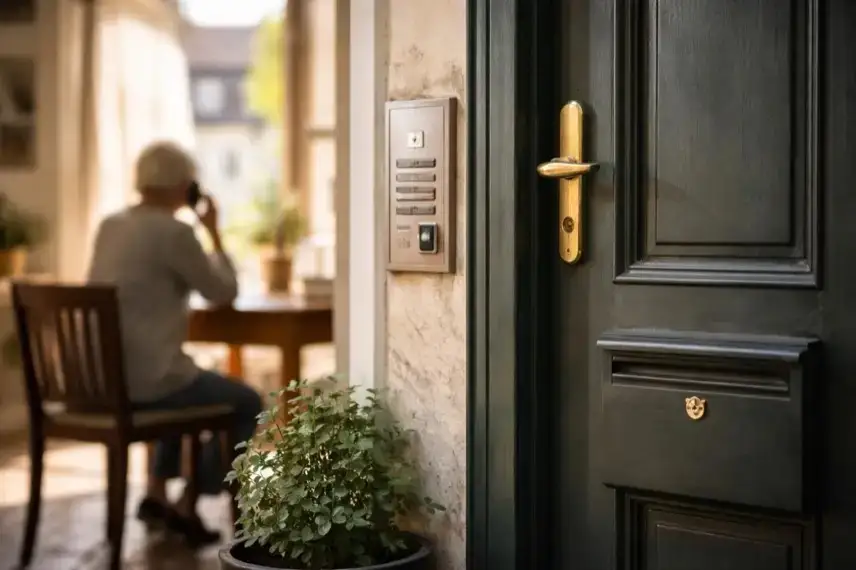 Haustür in Quedlinburg, ältere Person telefoniert – Symbol für Betrugsserie mit falschen Polizisten im Harzkreis