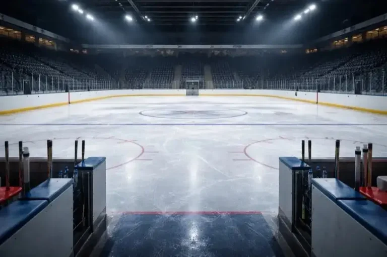 Ausgeleuchtete Eisfläche in einem Stadion vor dem Playoff-Viertelfinale der Eishockey-Regionalliga Nord