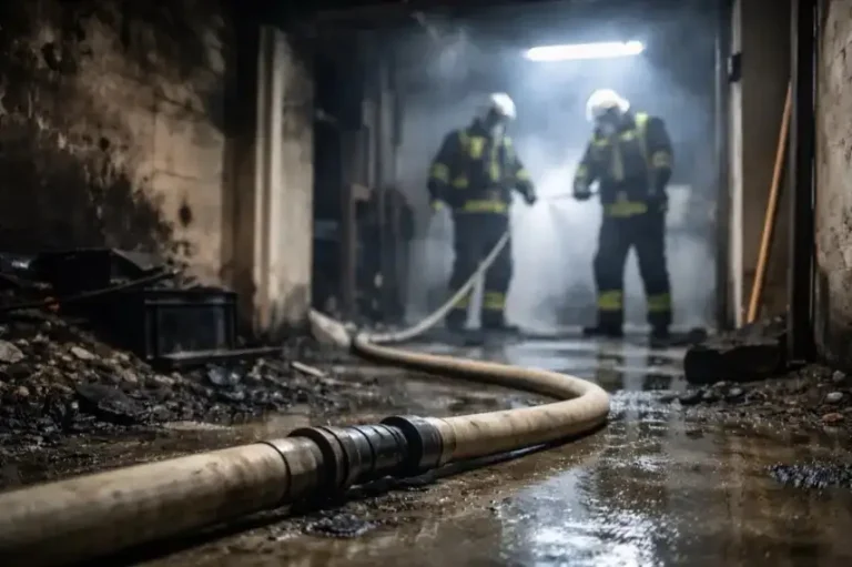 Feuerwehr im Einsatz bei Kellerbrand in Schierke, verrauchte Kellerräume und Feuerwehrschlauch am Boden