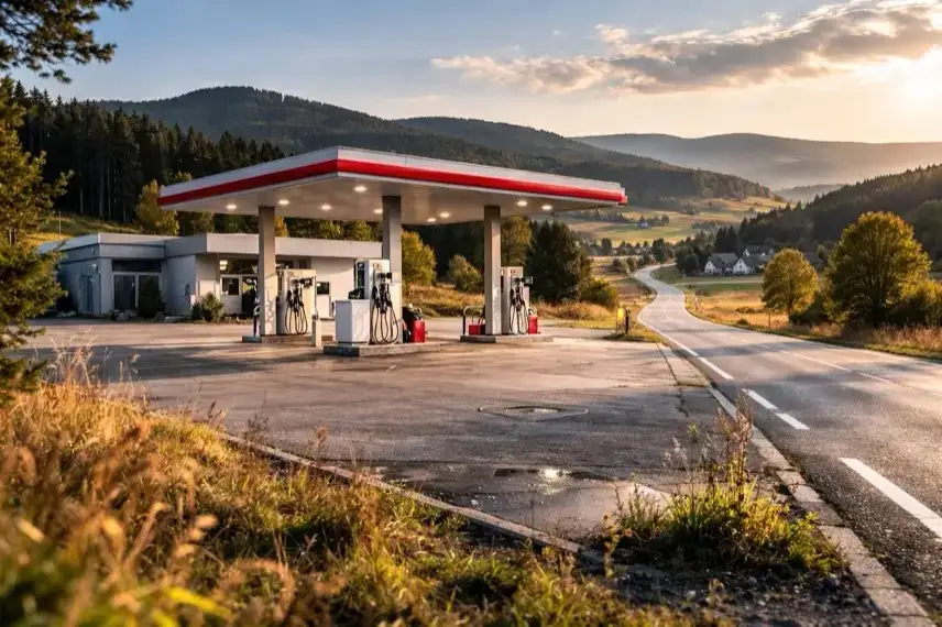Leere Tankstelle an Landstraße im Harz, mehrere Zapfsäulen, bewaldete Hügel im Hintergrund, keine Fahrzeuge