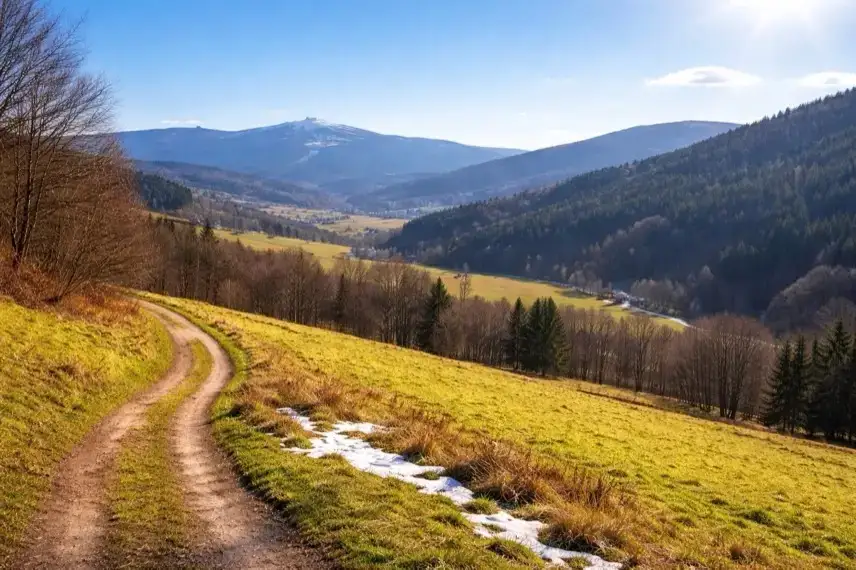 Sonniger Blick über das Harzvorland mit Wanderweg und bewaldeten Höhen bei mildem Harz-Wetter