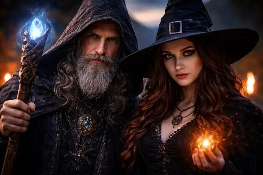 Nahaufnahme der Gesichter eines verkleideten Magiers mit Stab und einer Hexe mit Hut und leuchtender Kugel.