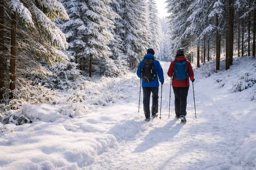Zwei Wanderer gehen auf einem verschneiten Waldweg im Oberharz durch einen dichten Winterwald bei Hahnenklee.