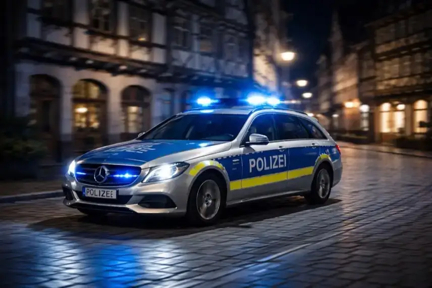Fahrendes Polizeiauto mit eingeschaltetem Blaulicht in einer nächtlichen Straße in Quedlinburg, historische Gebäude im Hintergrund.