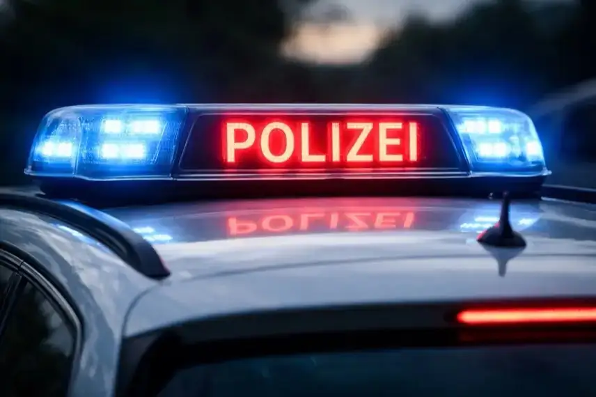 Nahaufnahme des roten Polizei-Leuchtzeichens auf dem Dach eines fahrenden Polizeiautos bei Dämmerung.