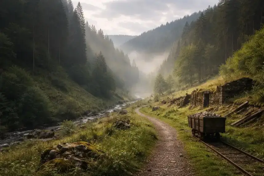 Nebelverhangene Landschaft im Glasebachtal im Harz mit Waldhängen, schmalem Weg und Spuren historischen Bergbaus