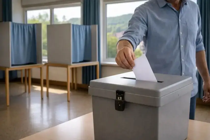 Wahlurne und leere Wahlkabinen in einem kommunalen Wahlraum, im Hintergrund Blick auf eine Harzstadt, Aufnahme zur Kommunalwahl 2026.