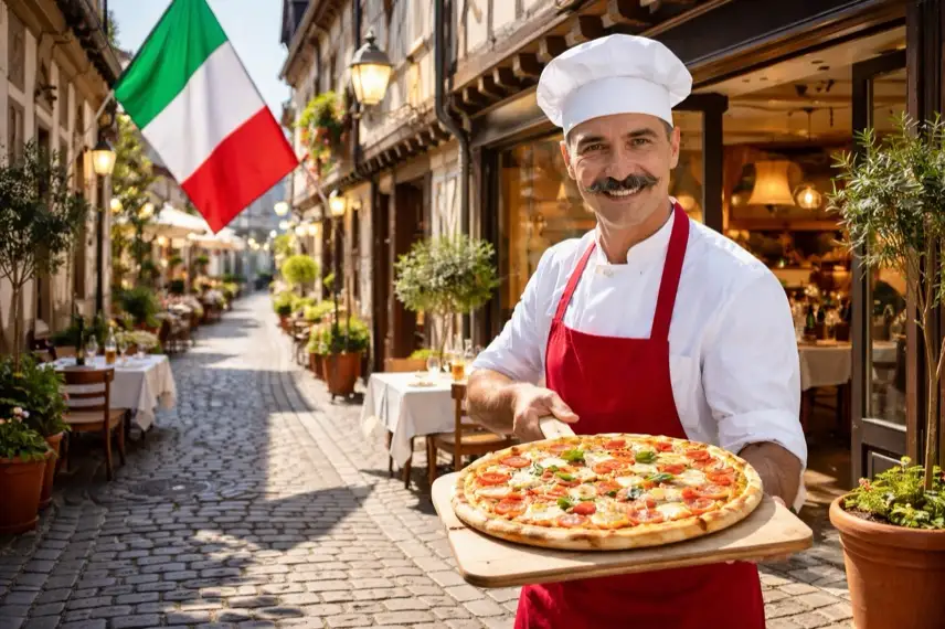 Pizzabäcker mit Kochhut und Schnurrbart hält Pizza auf Holzschaufel in heller Altstadtgasse mit italienischer Flagge
