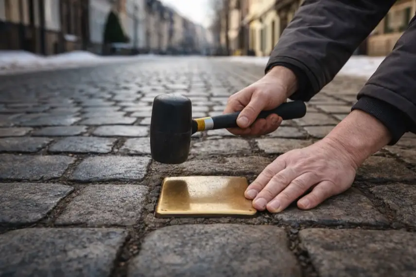 Stolperstein aus Messing im Gehweg der Wernigeröder Friedrichstraße, eingebettet in Kopfsteinpflaster bei Tageslicht.