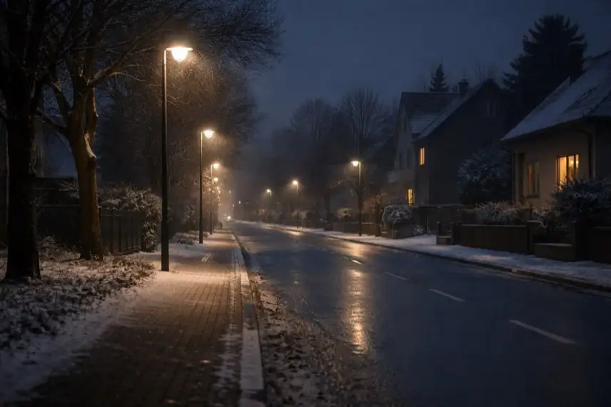 Winterliche Straße in Burg bei Magdeburg mit Straßenlaternen und Wohnhäusern im Hintergrund während der Suche nach Eva Petrovic.