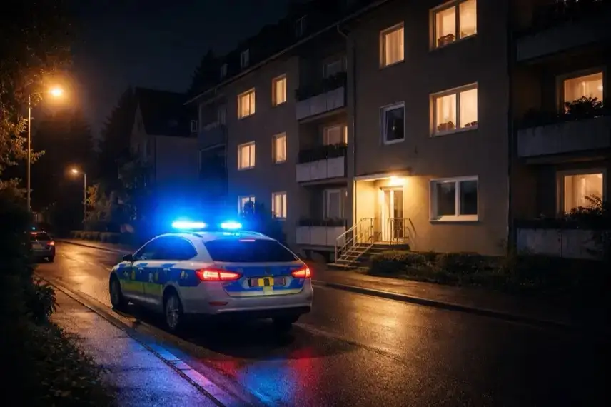 Nächtliche Wohnstraße in Bad Harzburg mit Mehrfamilienhaus und Polizeifahrzeug im Einsatz nach Einbruch