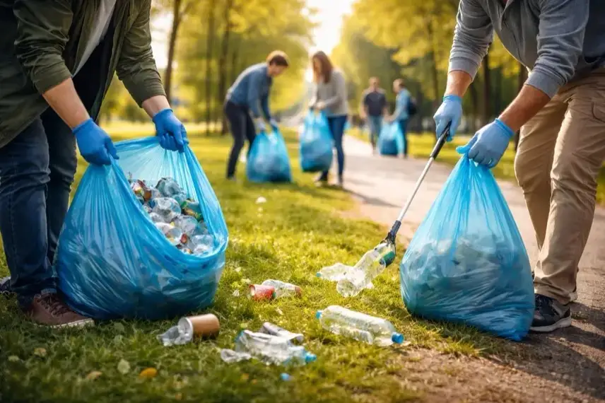 Freiwillige sammeln Müll auf Grünfläche und Gehweg bei Frühjahrsputz Müllsammelaktion in einer Stadt mit Säcken und Handschuhen