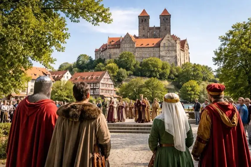Darsteller in historischen Gewändern am Finkenherd in Quedlinburg vor der Stiftskirche bei einem Historienspiel des Kaiserfrühling Vereins