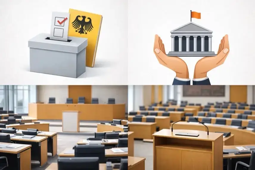 Leerer Plenarsaal eines Landtags mit Rednerpult und Sitzreihen, Symbol für Verfassungsreform Sachsen-Anhalt und parlamentarische Abstimmung