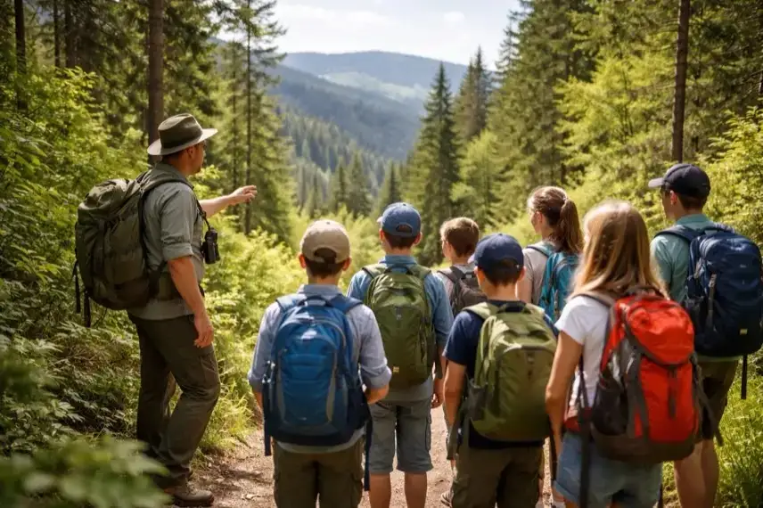 Kinder und Jugendliche bei einer geführten Wanderung im Wald eines Mittelgebirges während eines Junior-Ranger-Programms im Nationalpark Harz