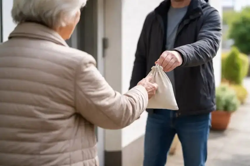 Ältere Frau übergibt Tasche an unbekannten Mann vor Wohnhaus, Symbol für Betrug in Quedlinburg und Phantombild-Fahndung der Polizei
