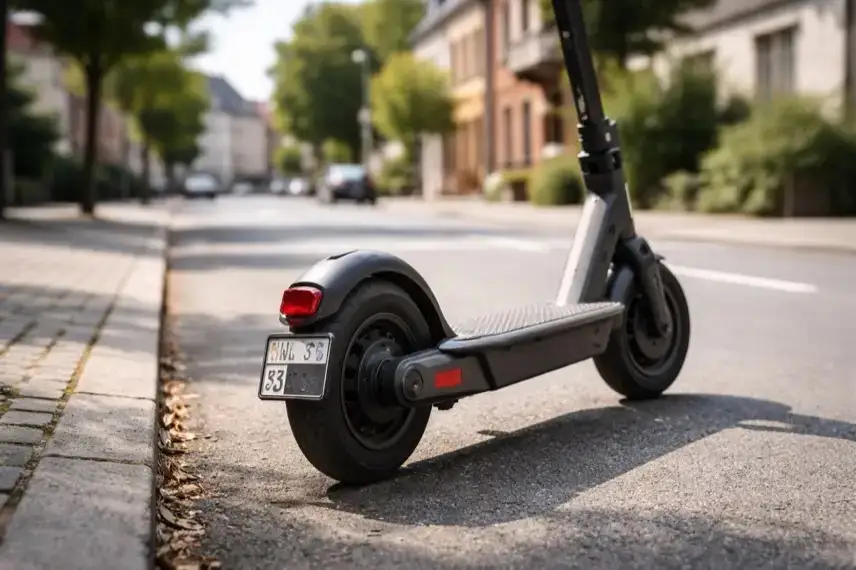 E-Scooter mit Versicherungskennzeichen am Straßenrand in einer Stadt, Symbol für Verkehrskontrolle und Versicherungspflicht bei E-Rollern