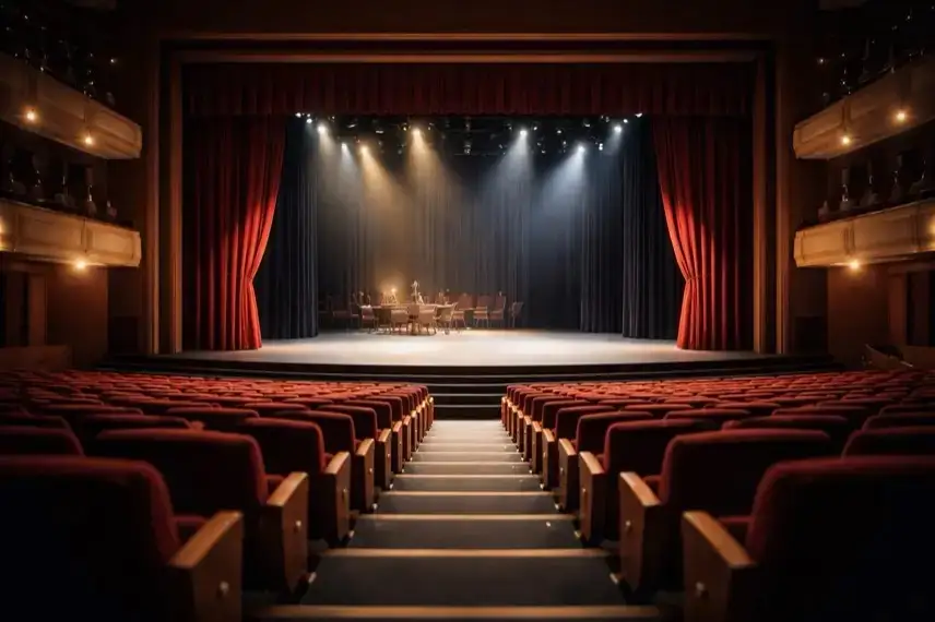 Leere Theaterbühne mit geöffnetem Vorhang und Zuschauerraum als Symbol für Landesbühnentage im Harz mit Theateraufführungen in Halberstadt und Quedlinburg