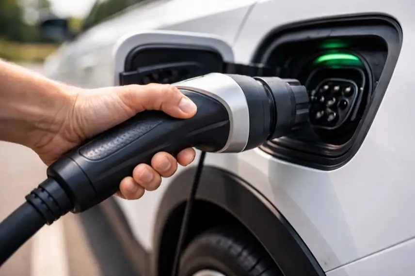 Schnellladepark an der Autobahn mit Ladesäulen und Elektroautos, Ladeinfrastruktur für Elektromobilität an der A36 bei Wernigerode