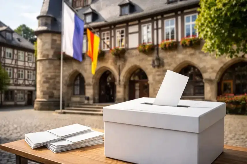 Rathaus einer deutschen Stadt mit Wahlurne und Stimmzetteln als Symbol für Bürgermeisterwahl und Kommunalwahl in Goslar