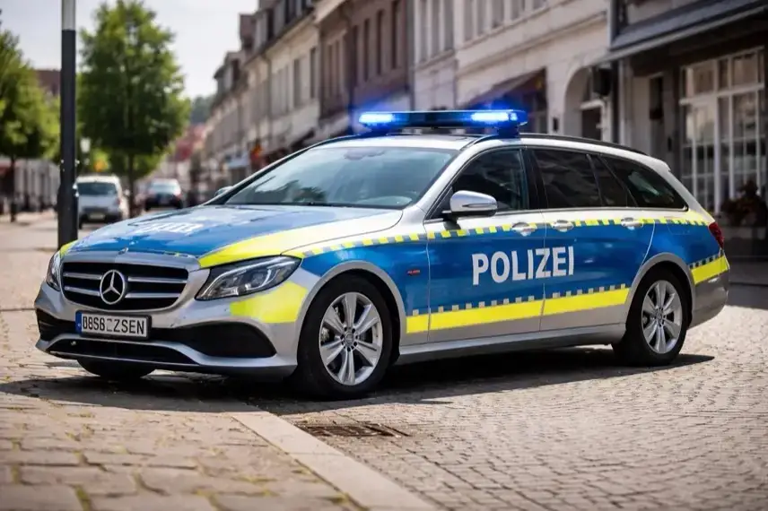 Nächtliche Straße in deutscher Kleinstadt mit Straßenlaternen und Rucksack auf dem Boden, unscharfe Personengruppe im Hintergrund nach Überfall