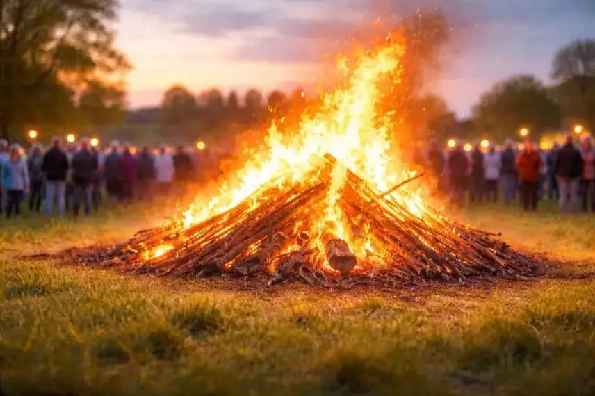 Brennendes Osterfeuer auf einer Wiese bei einer Abendveranstaltung im Freien, traditionelles Osterfeuer in Goslar mit Besuchern im Hintergrund